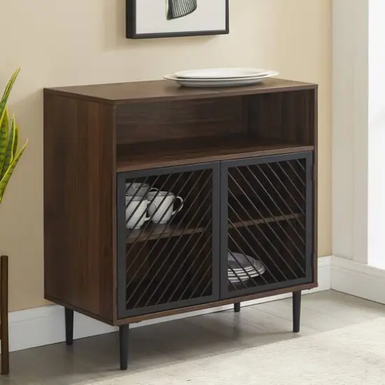Walker Edison 32" Dark Walnut Modern Slanted Metal Door Accent Cabinet {5}