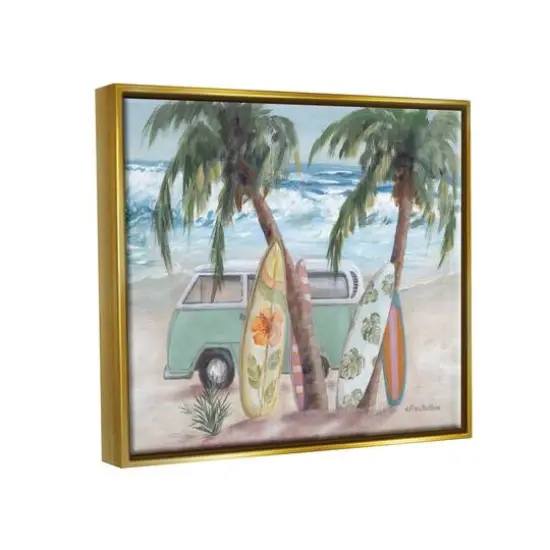 Stupell Industries Summer Waves Tropical Van Surfboards Floater Framed Art Gold {4}