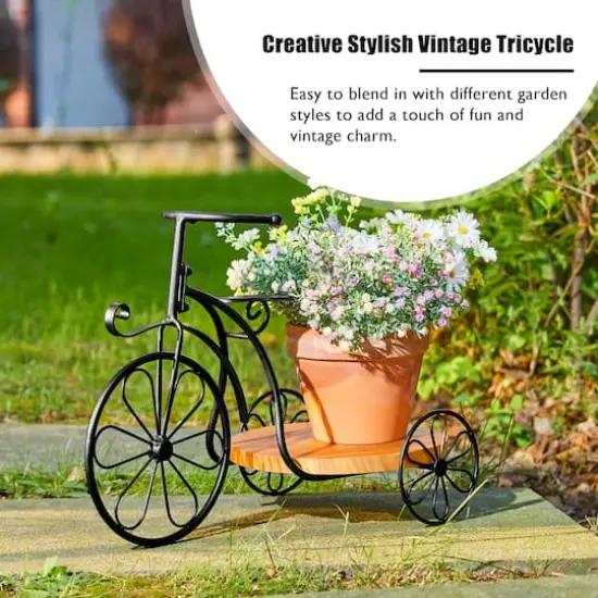 Glitzhome&reg; 18" Black Metal Tricycle Planter Stand with Solid Wood Tray {4}