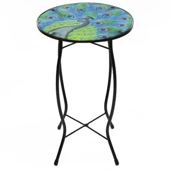 19" Blue & Green Peacock Glass Patio Side Table {1}