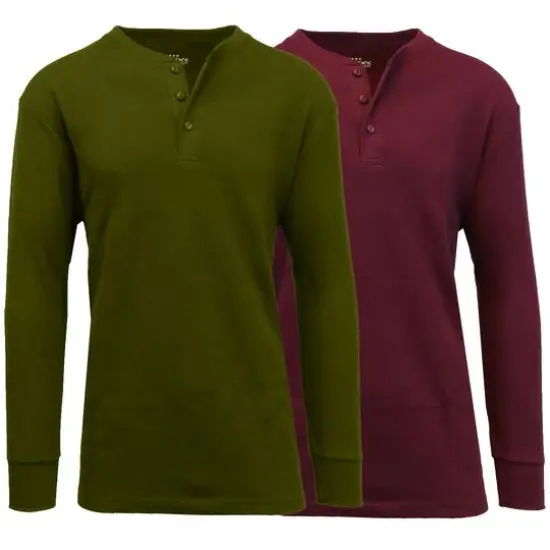 Men's Long Sleeve Waffle-Knit Thermal Henley Shirt 2 Pack Olive/Burgundy {1}