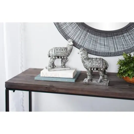 Set of 2 Silver Resin Eclectic Llama Sculpture, 10", 9" {11}
