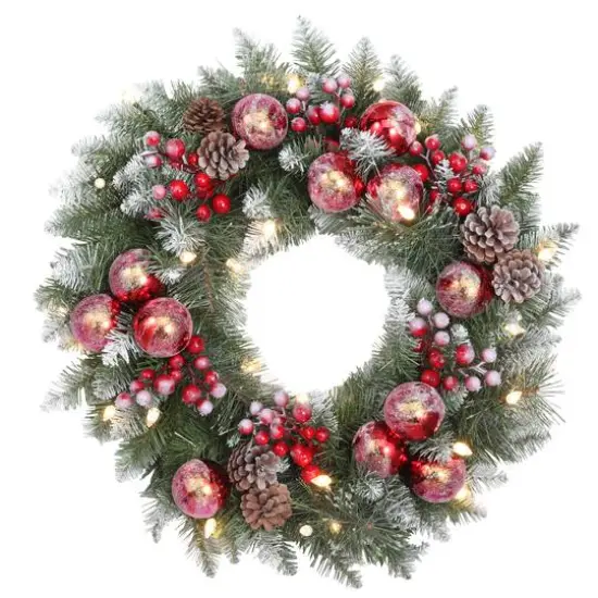 Haute Decor 24" Pre-Lit Frosted Ithica Pine Wreath, Soft White LED Lights {1}