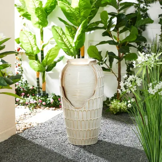 Glitzhome&reg; 28.25" LED Petals Textured Ceramic Jar Outdoor Floor Fountain {3}