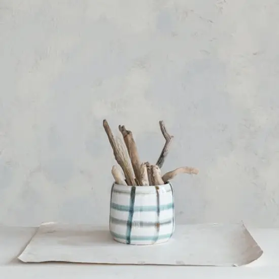 Hello Honey&reg; 7.5" Multicolor Round Grid Pattern Stoneware Planter {5}