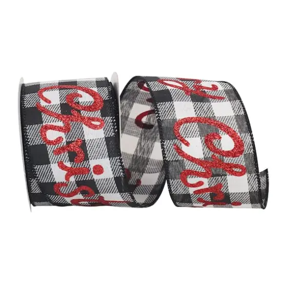 JAM Paper 2.5" x 10yd. Black & White Merry Christmas Glitter Buffalo Wired Ribbon {1}