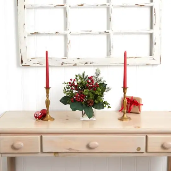 12" Berry, Pine & Boxwood Arrangement with Glass Vase {4}