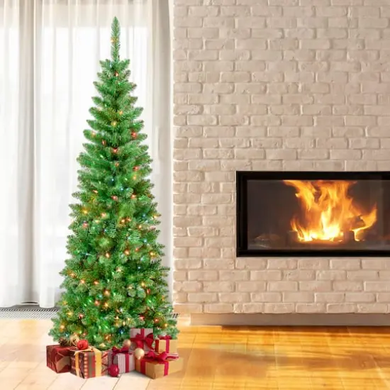 7.5ft. Pre-Lit Rowan Pencil Slim Artificial Christmas Tree, Multicolor Lights {3}