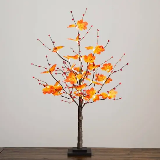 3ft. Pre-Lit Autumn Maple Artificial Fall Tree with Berries and 36 Warm White LED Lights {8}