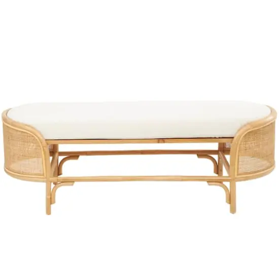 49" Brown Rattan Handmade Oval Bench with White Fabric Cushion {3}