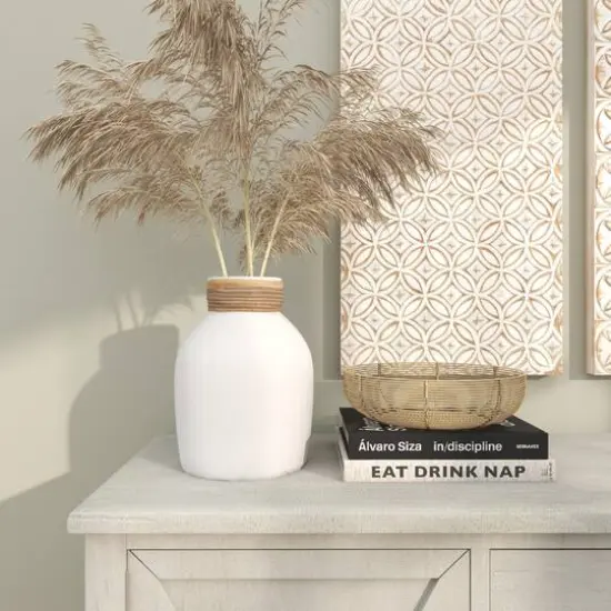 11" White Ceramic Vase with Wrapped Rattan Detailing {11}