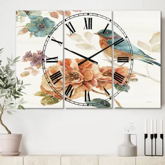 Designart 'Cottage Bird On Orange Flower Twig Farmhouse Multipanel Wall Clock {3}