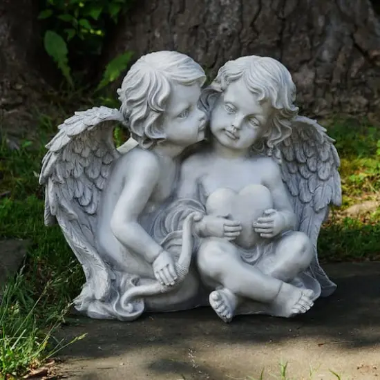 16.25" Gray Sitting Cherub Angels Holding a Heart & Bow Outdoor Statue {3}