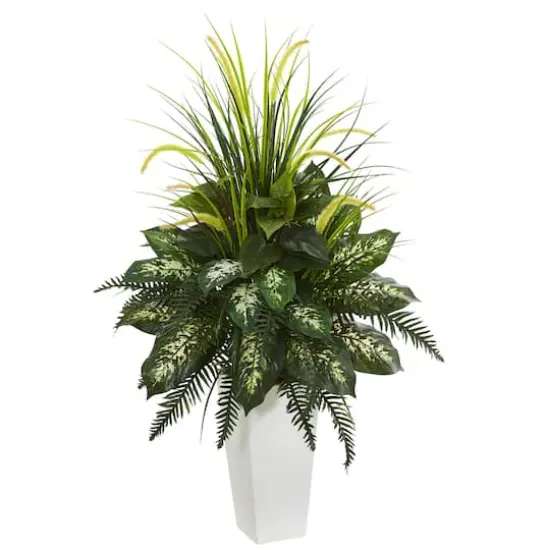 4ft. Mixed River Fern & Dogtail In White Tower Planter {1}