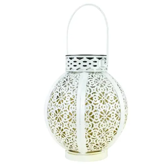 7" White Integrated Floral Pattern Outdoor Solar Lantern with Handle {1}