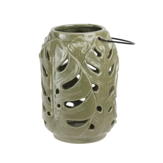 7" Elegant Moss Green Cutout Leaf Ceramic Candle Holder Lantern {3}