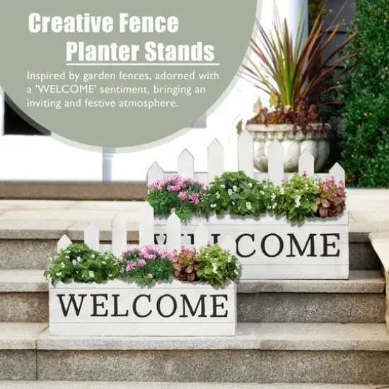 Glitzhome&reg; White Wood WELCOME Fence-Inspired Planter Stand Set {6}