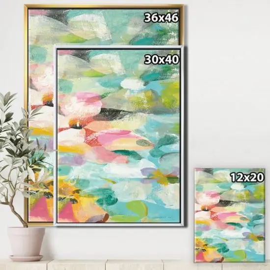 Designart - Handpainted Abstract Flowers in Blue and Pink - Cabin & Lodge Canvas in Gold Frame {4}