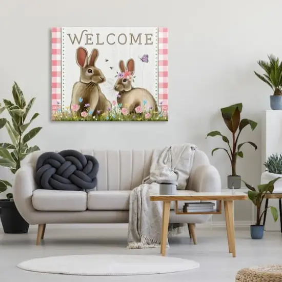 Stupell Industries Welcome Plaid Spring Garden Rabbits Canvas Wall Art {3}