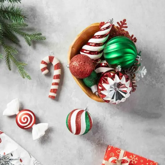 Glitzhome® Whimsical Red & Green Shatterproof Ornaments, Candy Picks & Ribbon Bow Set {3}
