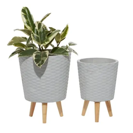 Set of 2 Grey Polystone Contemporary Planter, 14", 16" {1}