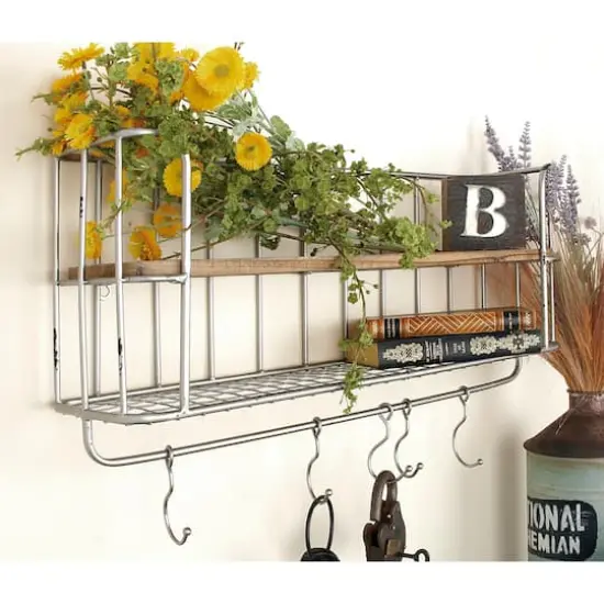 Set of 2 Silver Metal Basket & Wooden Wall Shelf Units With Hooks {9}