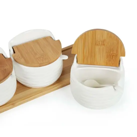 NEX&trade; White Ceramic Sugar Bowl Set with Bamboo Lids & Spoon {1}