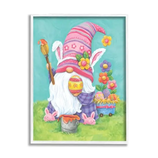 Stupell Industries Whimsical Gnome Painting Easter Eggs Festive Flowers Framed Giclee Art White {1}