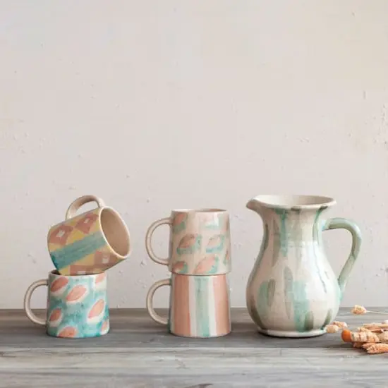 Hello Honey&reg; 4.25" Pink & Green Round Terra Cotta Mug Set {3}