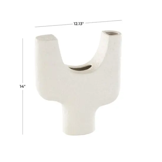 14" Speckled White Abstract Curved Ceramic Vase with Dual Openings {5}