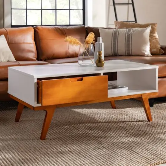 White & Caramel 1-Drawer Bridge Leg Solid Wood Coffee Table {6}