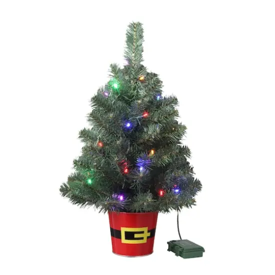 20" Pre-Lit Night Night&trade; Classic Pine Artificial Tabletop Christmas Tree in Santa Belt Base, Multicolor LED Lights {5}