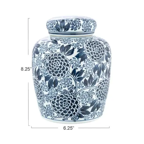 Hello Honey&reg; 8" Blue & White Decorative Chrysanthemum Ceramic Ginger Jar with Lid {4}