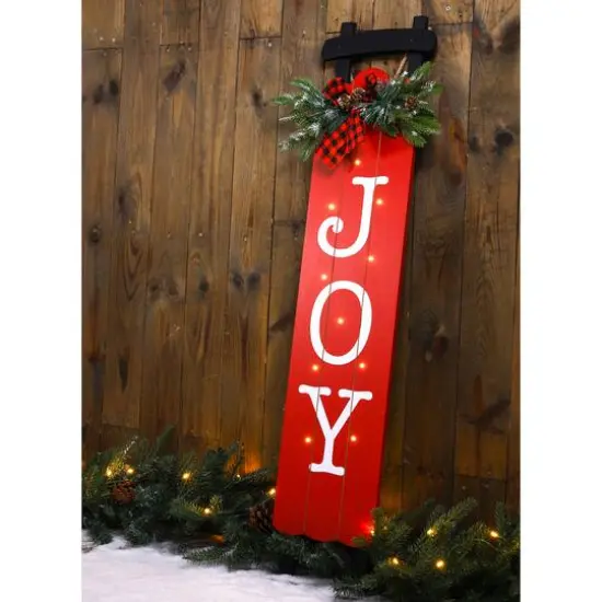 Glitzhome® 40" Lighted Wooden Sleigh JOY Porch Sign with Timer {4}