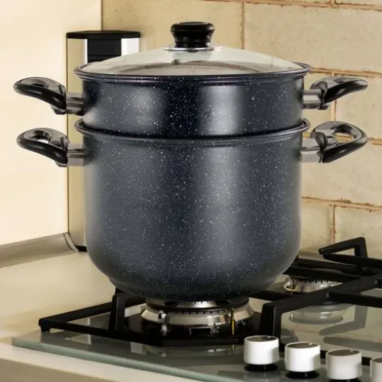 Gibson Home&reg; Leighton 3-Piece 8.5qt. Black Nonstick Steel Pasta Pot with Steamer {8}