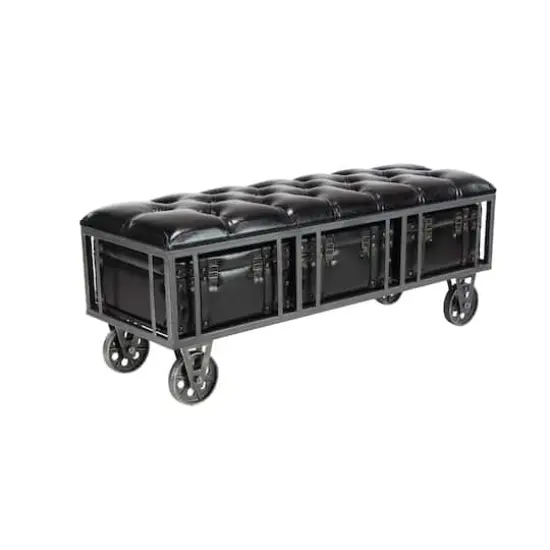 Industrial Rectangular Black Faux Leather and Wood Storage Bench, 19" x 47" x 16" {4}