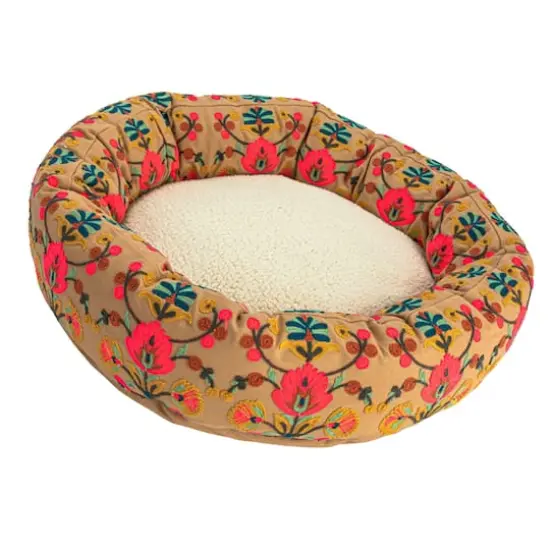 Hello Honey® 24" Pink & Brown Round Cotton Embroidered Sherpa Pet Bed {1}