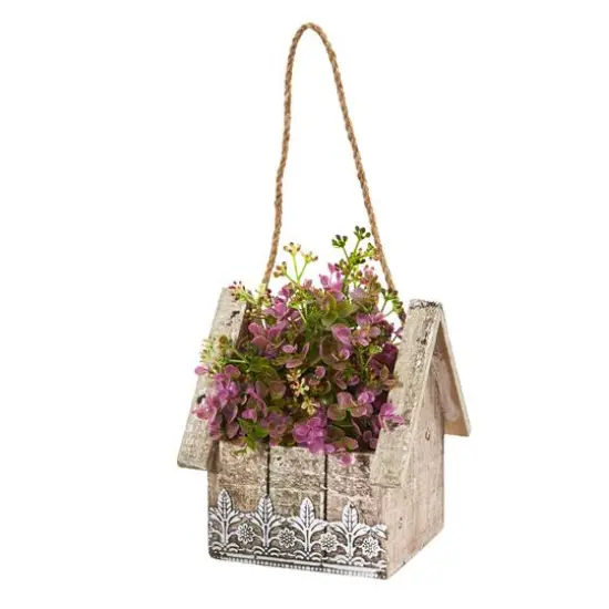 11" Sedum & Eucalyptus Plant in Birdhouse Hanging Basket {3}