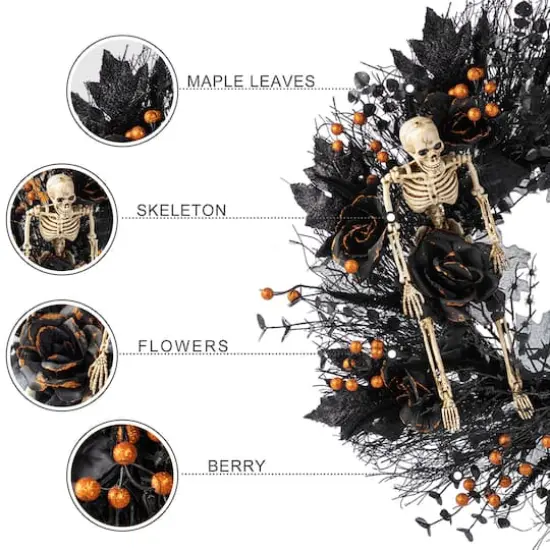 Glitzhome&reg; 24"D Halloween Black Rose, Skeleton and Berry Wreath with Hanger {7}