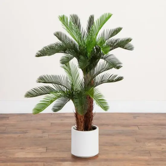 40in. UV Resistant Artificial Double Cycas Palm Tree in White Decorative Planter (Indoor/Outdoor) {10}