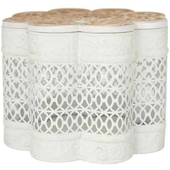 White Metal Quatrefoil Decorative Jars with Wood Carved Lids Set {4}