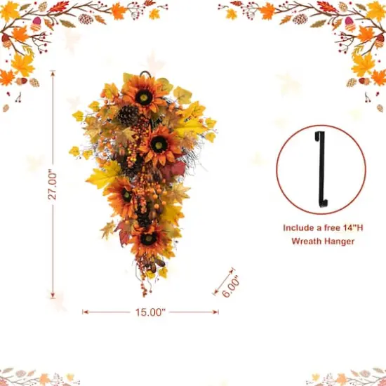 Glitzhome&reg; 27" Fall Sunflower, Maple Leaf & Berry Swag {17}