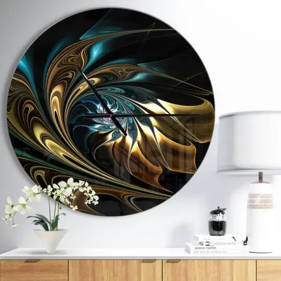 Designart Brown Blue Fractal Flower in Black Modern Wall Clock {3}
