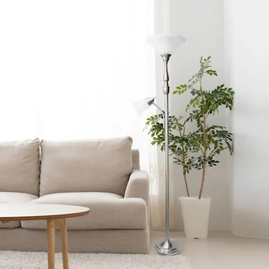 Lalia Home Torchiere Floor Lamp with Reading Light Brushed Nickel/White Shades {6}