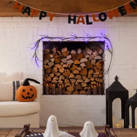 6.5ft. Pre-Lit Artificial Halloween Black Twig Garland with 48 Purple LED Lights {8}