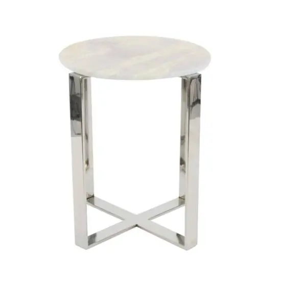 21" White Marble & Stainless Steel Modern Accent Table {3}