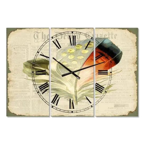 Designart Colorful Elegant Feather On Old Style Newspaper IV Multipanel Wall Clock {1}
