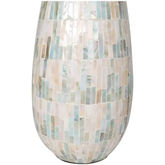 21" White Mother of Pearl Handmade Mosaic Inspired Vase with Pastel Blue and Pink Accents {6}