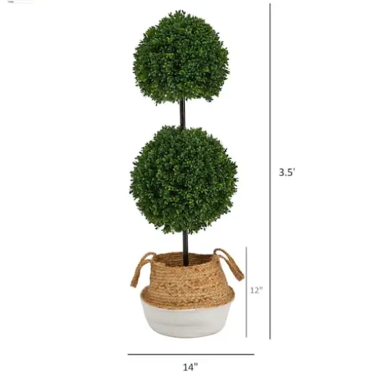 3.5ft. Boxwood Double Ball Artificial Topiary Tree in Boho Chic Handmade Cotton & Jute White Woven Planter UV Resistant (Indoor/Outdoor) {3}