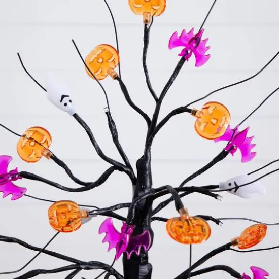 18in. Pre-Lit Artificial Halloween Ghost, Bats & Pumpkins 24 LED Lighted Ornament Tree {6}
